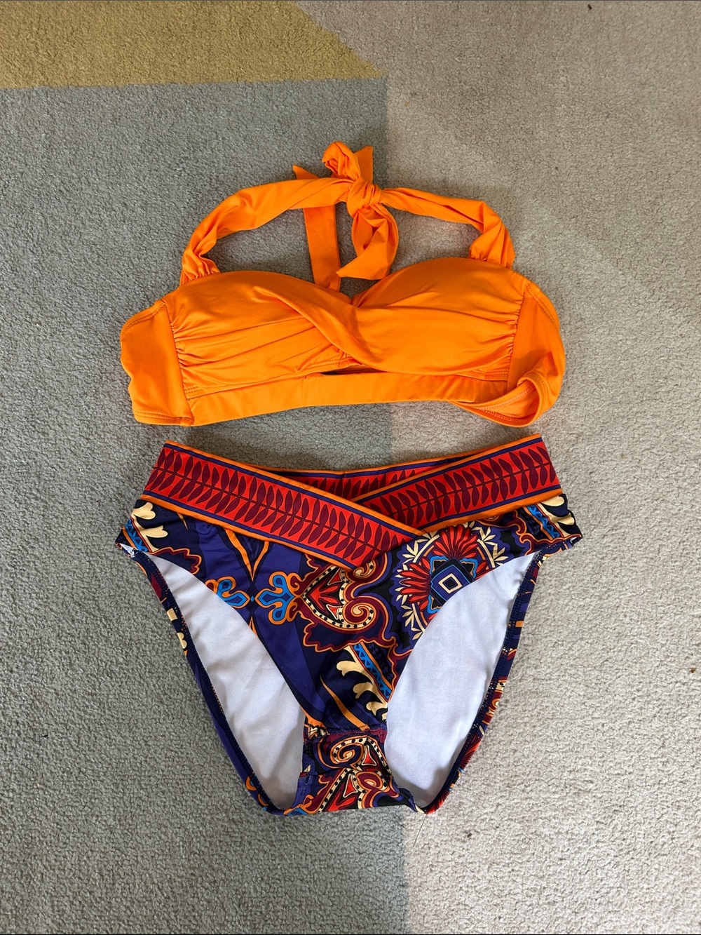 Gibson Latimer Orange Halter Bikini Top with Patterned High-Waist Bottoms